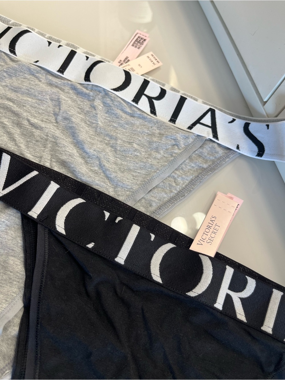 NWT Victoria's Secret Black Gray Logo Waistband Brazilian 2 pc large 90s cotton - Picture 3 of 7